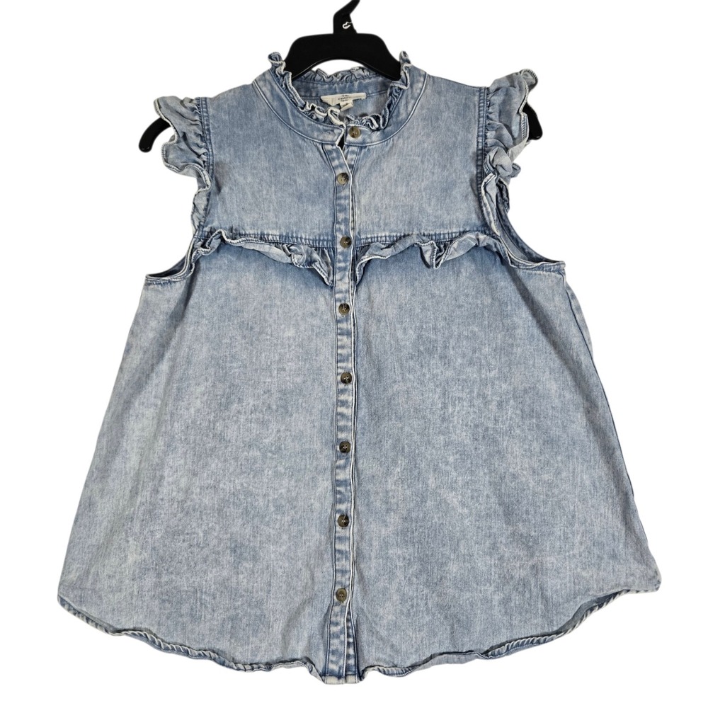 Entro Top Womens Small Stonewashed Denim Sleeveless Ruffled Button Front